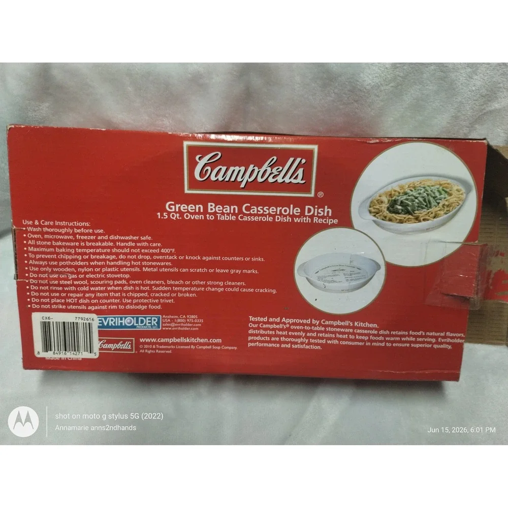 Campbell's Green Bean Casserole Recipe Dish 1.5 Qt Baking Dish w Box NOS‎